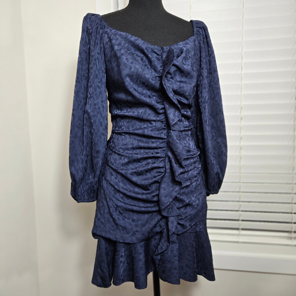 ASTR The Label Mini Dress Medium Navy Blue Ruched Ruffle Jacquard (D10)